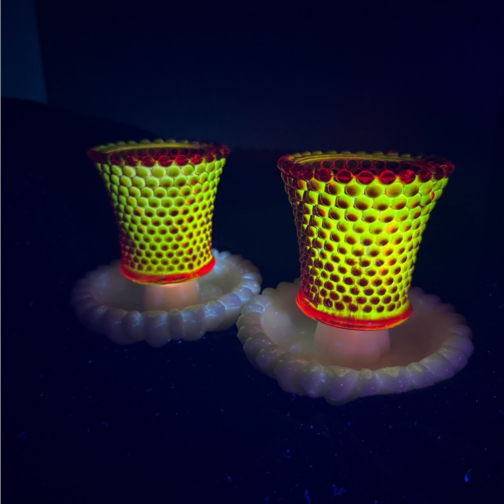 Hazel Atlas Glass DAISY Line Milk White Candlestick Candle Holders Set of 2